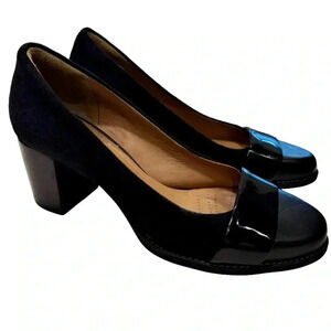 Clarks Artisan Tarah Brae Pump Slip on Black Suede patent Leather Women's 8.5 M
